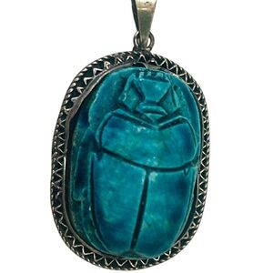 Vintage Egyptian revival turquoise color Scarab faience Sterling silver Pendant